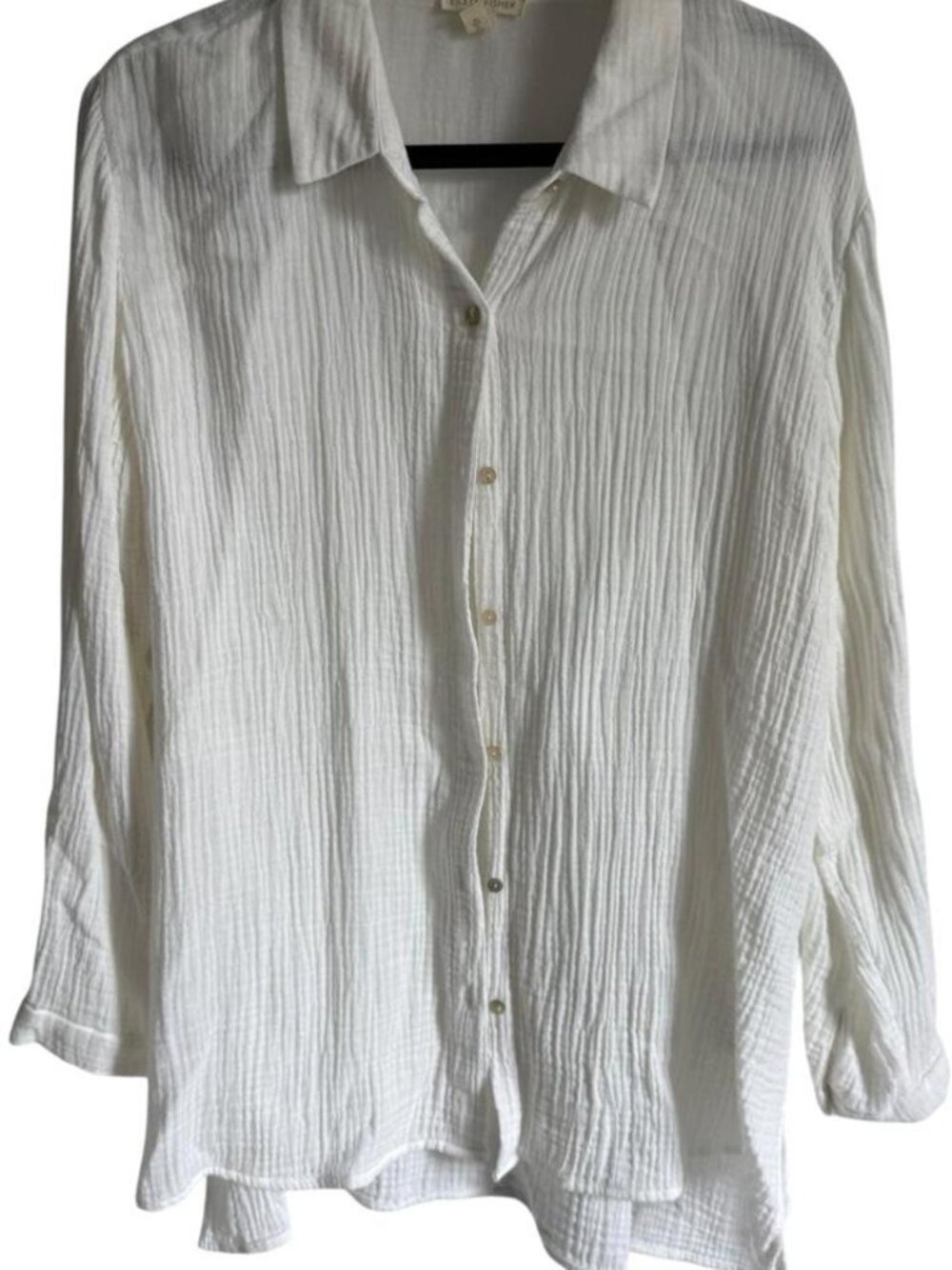 Eileen Fisher Organic Cotton White Button Up Blouse, Size Medium